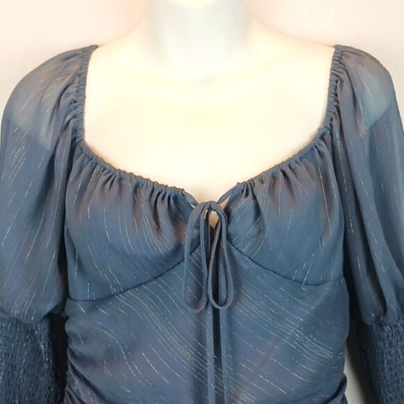 WAYF Whimsigoth Slate blue chiffon ruched long puff sleeve top size small fairy - Picture 3 of 13